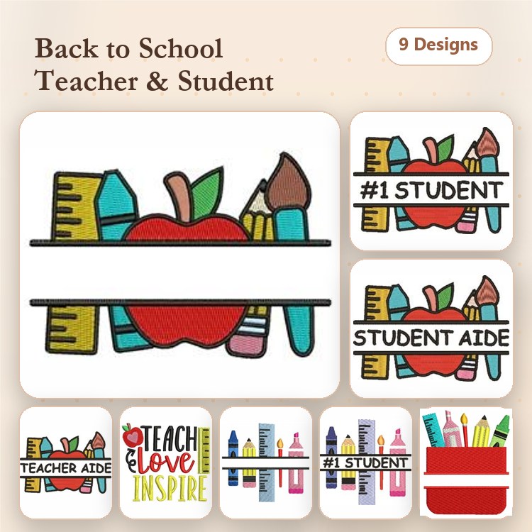 Back to School Teacher & Student Embroidery Bundle – Fun Classroom Designs (9 Designs)