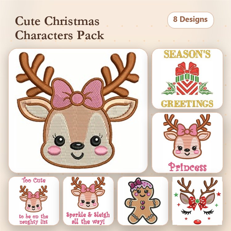Reindeer Face & Christmas Characters Embroidery Bundle – Cute Festive Designs (8 Designs)