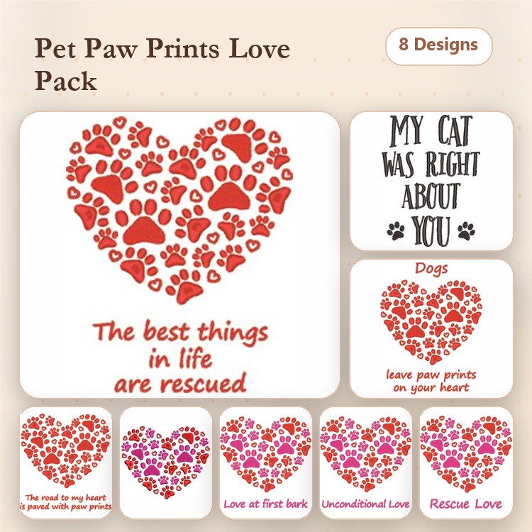 Pet Paw Prints Love Embroidery Bundle – Heart & Inspirational Texts (8 Designs)