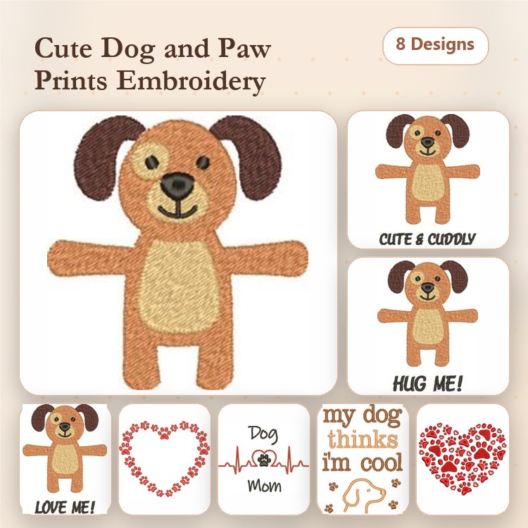 Cute Dog & Paw Print Embroidery Bundle – Adorable Dog Designs (8 Designs)