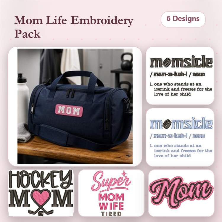 Mom Life Embroidery Bundle – Hockey, Super Mom & More (6 Designs)