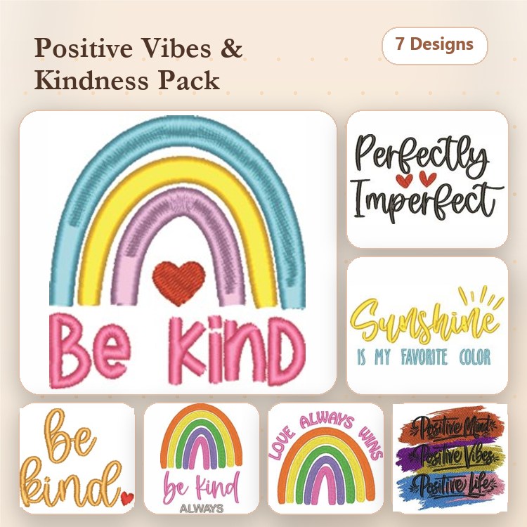 Rainbow & Kindness Embroidery Bundle – Positive Vibes (7 Designs)