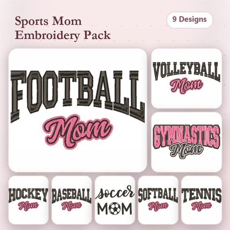 Sports Mom Embroidery Bundle – Football, Volleyball, and More (9 Designs)