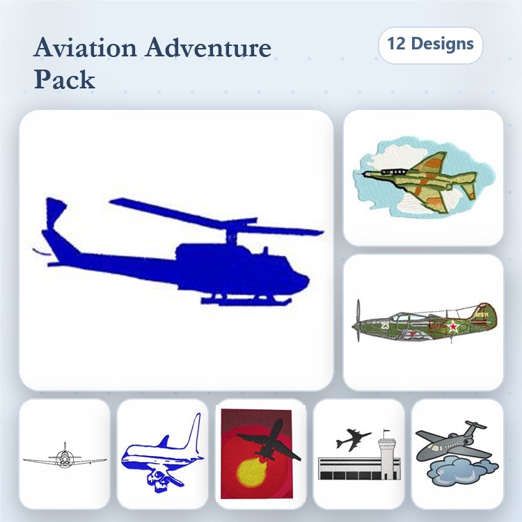 Aviation-Themed Embroidery Designs Bundle – Helicopter Silhouette, Fighter Jet, Military Airplane & More (12 Designs)