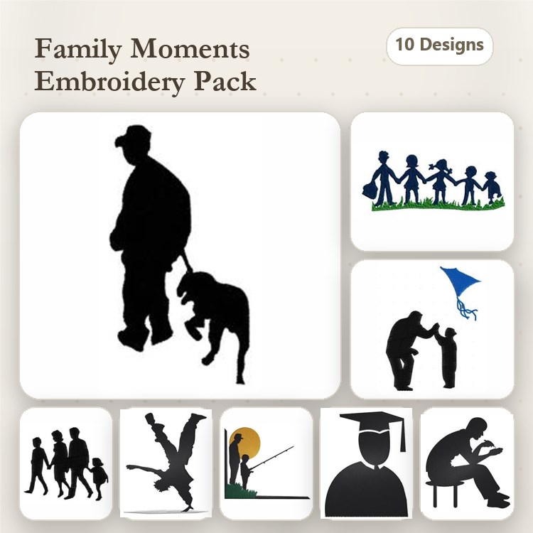 Family Moments Embroidery Designs Bundle – Man Walking Dog, Family Silhouette, Kite Flying & More (10 Designs)