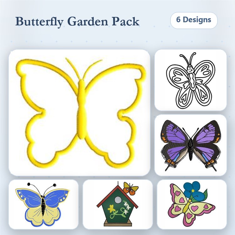 Butterfly & Garden House Embroidery Designs Bundle – Yellow Butterfly, Butterfly with Floral Details, & More (6 Designs)