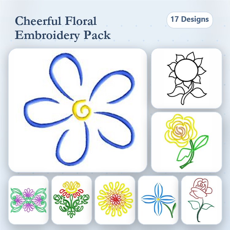 Redwork Floral Embroidery Bundle – Flower Outline, Sunflower, Rose & More (17 Designs)