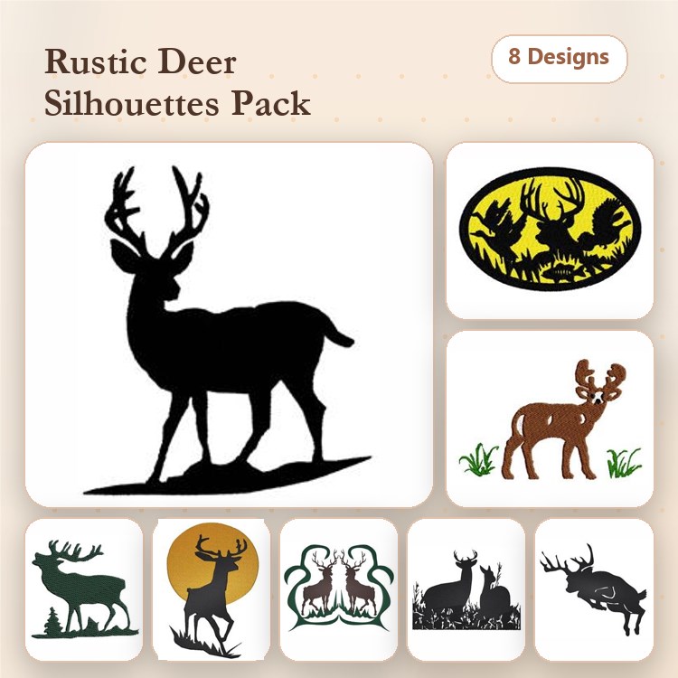 Rustic Deer Embroidery Designs Bundle – Standing Deer, Buck Silhouette, Walking Deer & More (8 Designs)