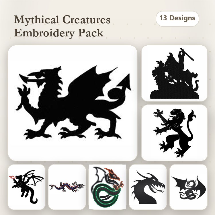 Knight, Lion & Dragon Embroidery Bundle – Mythical Creatures (13 Designs)