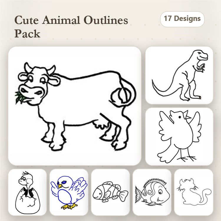 Tyrannosaurus Rex, Cow & Bird Embroidery Bundle – Farm & Dinosaur Themes (17 Designs)