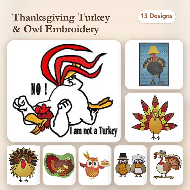 Thanksgiving Turkey & Owl Embroidery Designs Bundle – Cartoon Turkey, Owl with Chef Hat, Turkey Family & More (13 Designs)