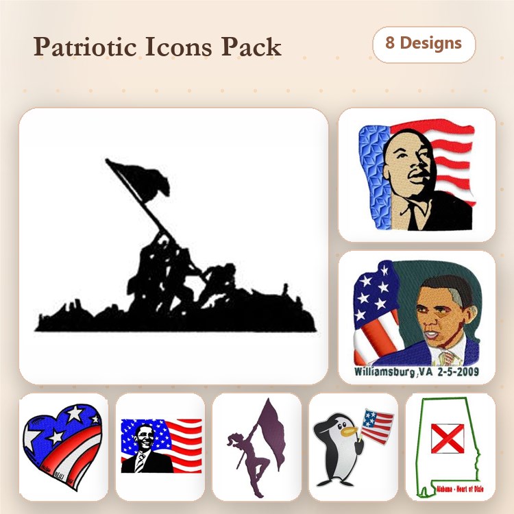 Patriotic Icons Embroidery Designs Bundle – Iwo Jima Memorial, American Flag with Heart, Lady Liberty & More (8 Designs)