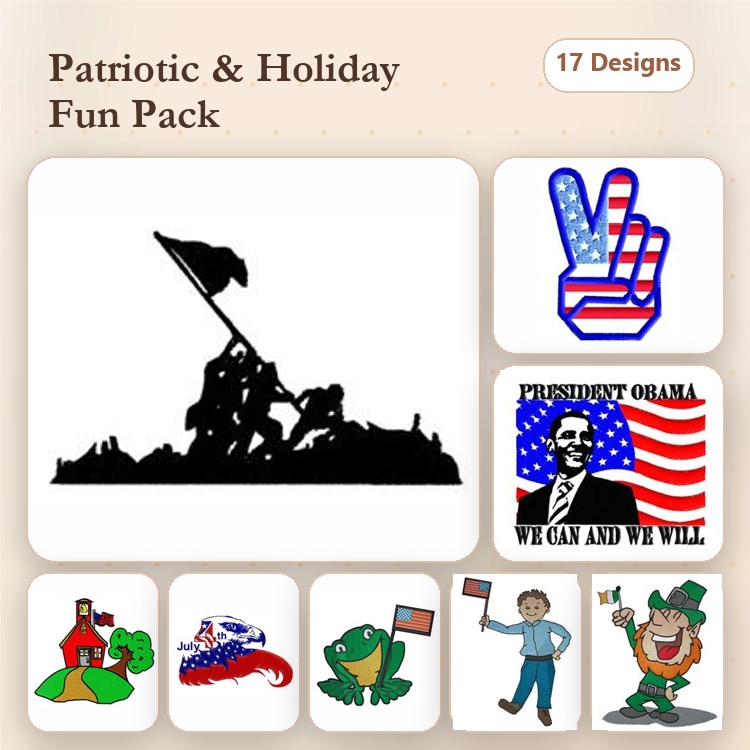 Patriotic & Holiday Embroidery Designs Bundle – Iwo Jima Flag Raising, Peace Sign, Gnome & More (17 Designs)