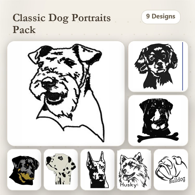Dog Breed Embroidery Bundle – Rottweiler, Dalmatian & More (9 Designs)
