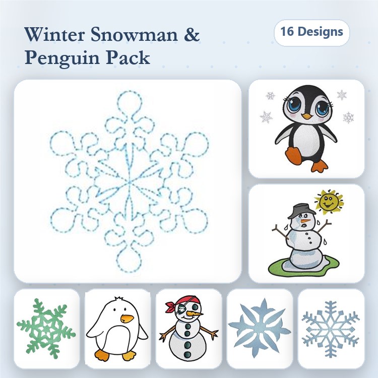 Winter Snowman & Penguin Embroidery Bundle – Snowman with Sun, Penguin with Scarf, Cute Penguin & More (16 Designs)