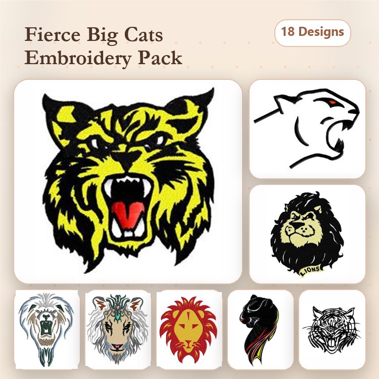 Fierce Big Cats Embroidery Designs Bundle – Tiger Head, Lion Face, Panther Head & More (18 Designs)