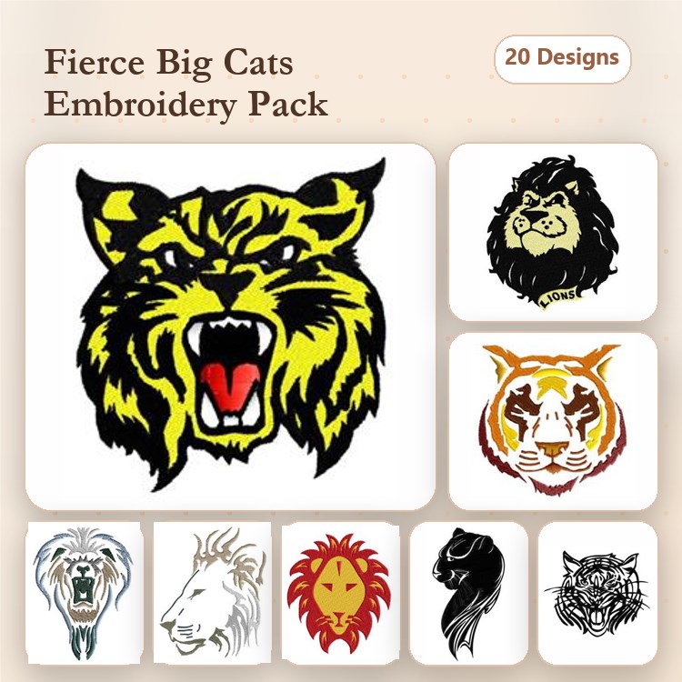 Wild Animal Embroidery Bundle – Tiger Head, Lion Head, Panther Head, Leopard Head & More (20 Designs)