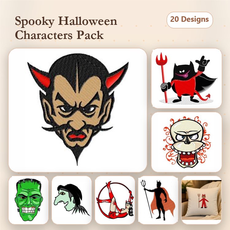 Spooky Halloween Characters Embroidery Designs Bundle – Devil, Vampire, Black Cat, Skull & More (20 Designs)