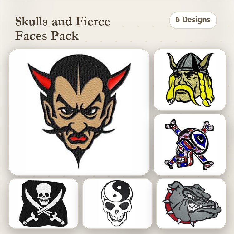Fierce Faces and Skulls Embroidery Designs Bundle – Devil Face, Viking Face, Skull with Crossbones & More (6 Designs)