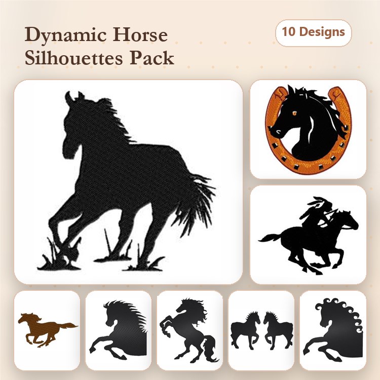 Horse Silhouettes Embroidery Bundle – Rearing Horse, Galloping Horse, Horse with Mane Flowing & More (10 Designs)