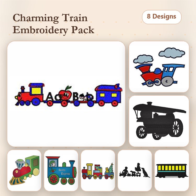 Train-Themed Embroidery Bundle – Train Engine, Red Train with Cars, Steam Engine & More (8 Designs)