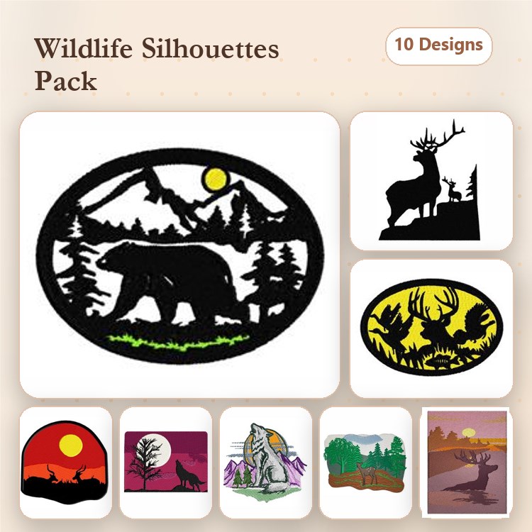 Wildlife Silhouettes Embroidery Bundle – Bear, Moose, Wolf, Sunset Landscape & More (10 Designs)
