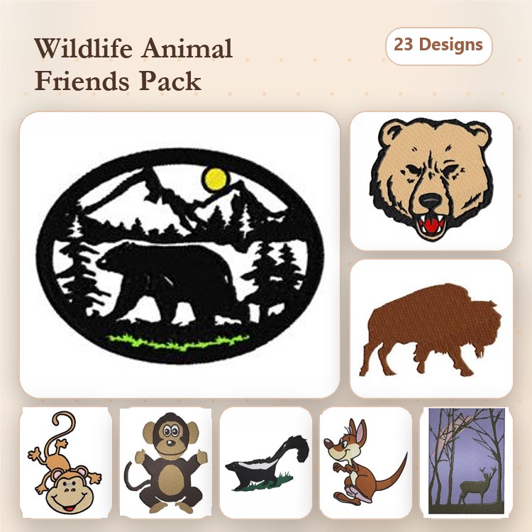 Wildlife Animals Embroidery Designs Bundle – Bear Silhouette, Grizzly Bear, Bison & More (23 Designs)