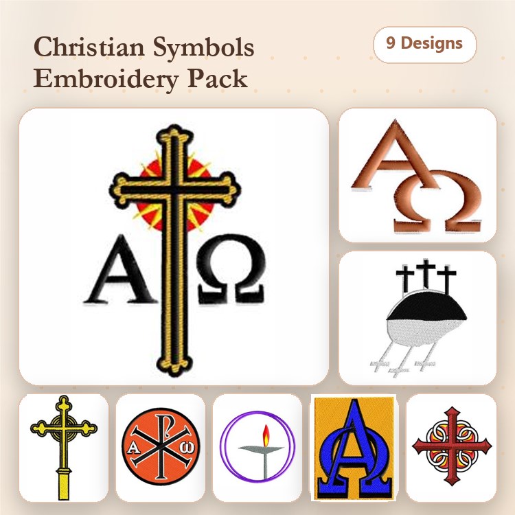 Christian Symbols Embroidery Designs Bundle – Ornate Cross, Alpha and Omega, Candle with Flame & More (9 Designs)