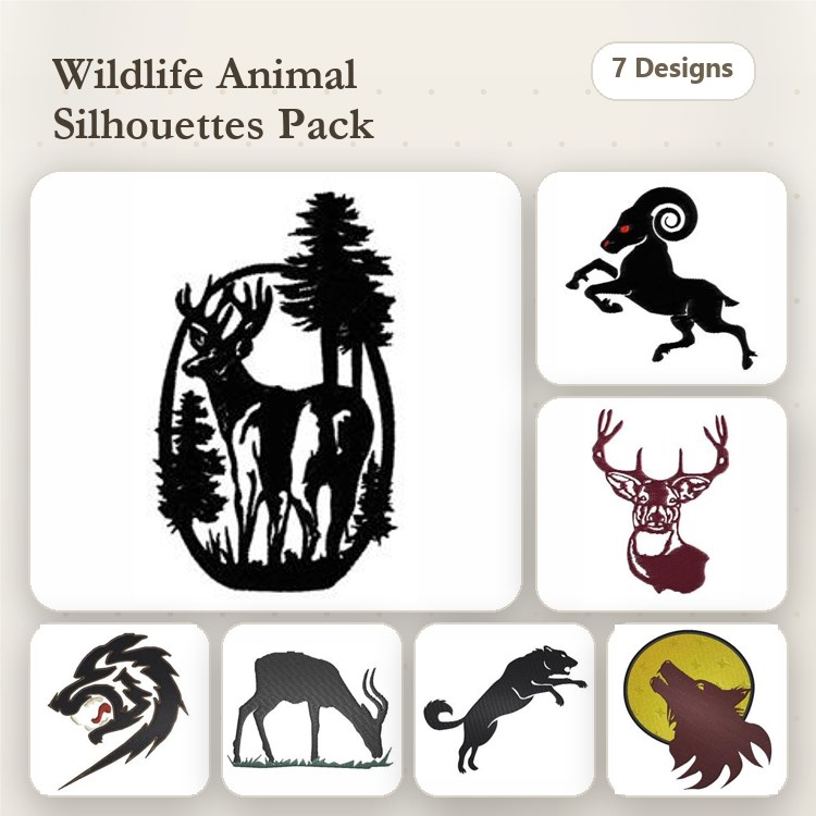Wildlife Animal Silhouettes Embroidery Bundle – Deer, Ram, Elk Head, Wolf & More (7 Designs)