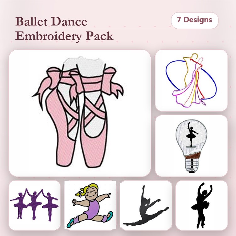 Ballet Dance Embroidery Bundle – Ballet Slippers, Ballet Dancer on Stage, Ballet Pose Silhouette & More (7 Designs)
