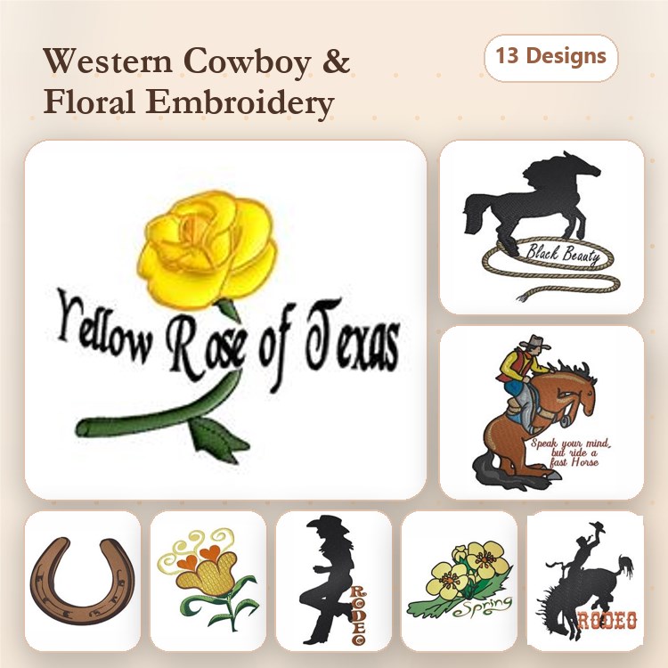 Western Cowboy & Floral Embroidery Bundle – Yellow Rose, Black Beauty Horse, Cowboy on Horse & More (13 Designs)
