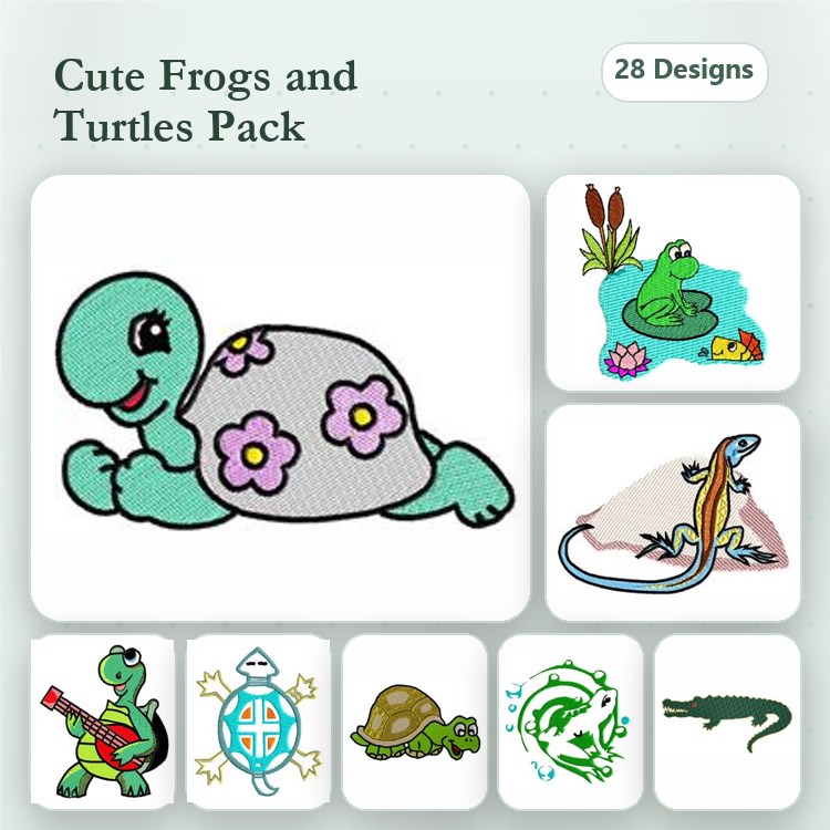 Frog & Turtle Embroidery Designs Bundle – Happy Turtle, Frog on Lily Pad, Playing Guitar Frog & More (28 Designs)