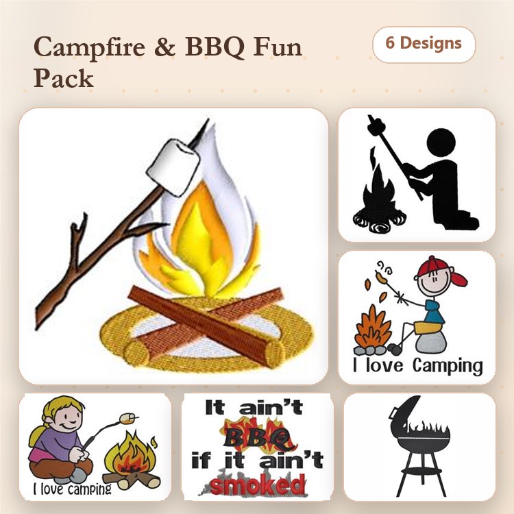 Campfire & BBQ Embroidery Bundle – Campfire with Marshmallow, Stick Figure Cooking, Grill & More (6 Designs)