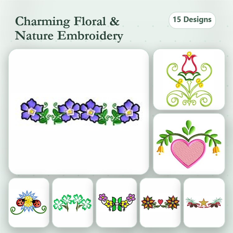 Floral and Nature Embroidery Designs Bundle – Floral Border, Tulip, Heart with Flowers & More (15 Designs)