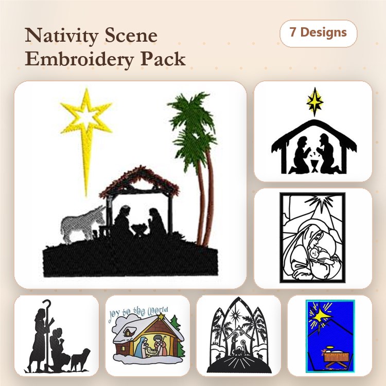 Nativity Scene Embroidery Designs Bundle – Nativity with Star, Holy Family Silhouette, Shepherd with Sheep & More (7 Designs)