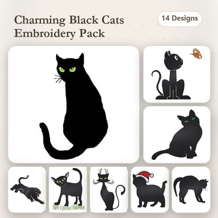 Black Cat Embroidery Bundle – Sitting Cat, Playful Cat, Cat with Santa Hat & More (14 Designs)