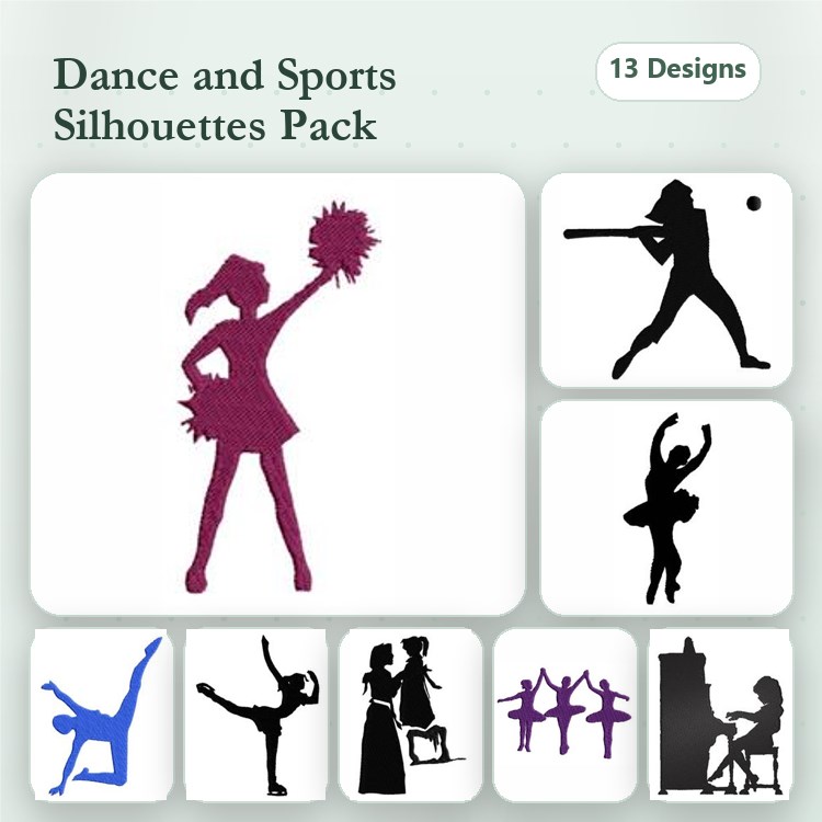 Dance and Sports Silhouettes Embroidery Designs Bundle – Cheerleader, Baseball Player, Dancer & More (13 Designs)