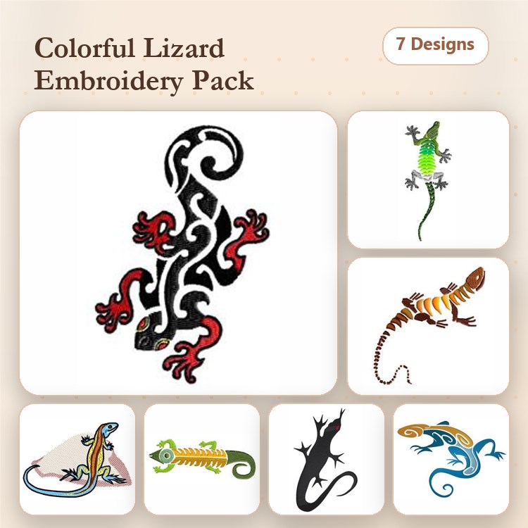 Colorful Lizard Embroidery Bundle – Colorful Lizard with Black Patterns, Green Gecko, Striped Lizard & More (7 Designs)