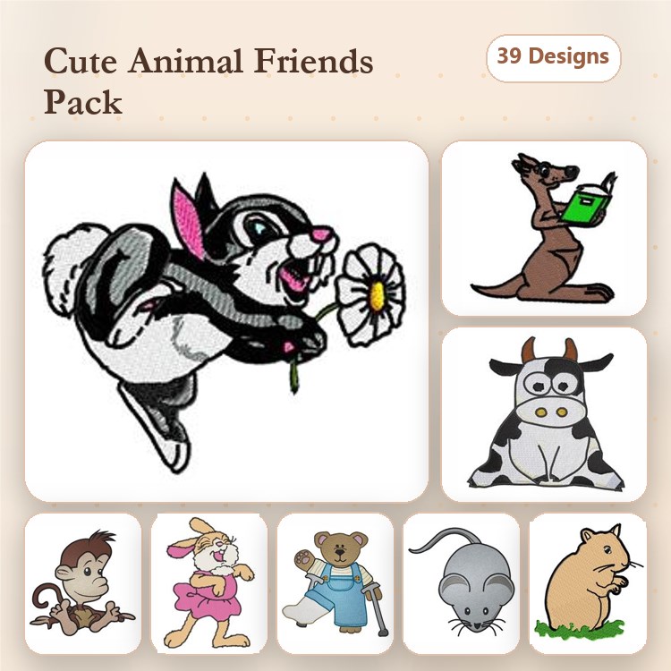 Cute Animal Characters Embroidery Bundle – Rabbit with Flower, Kangaroo with Watering Can, Cow & More (39 Designs)