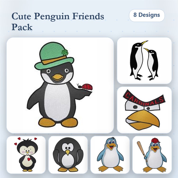 Cute Penguin Characters Embroidery Bundle – Penguin with Green Hat, Two Penguins, Cardinals with Banner & More (8 Designs)