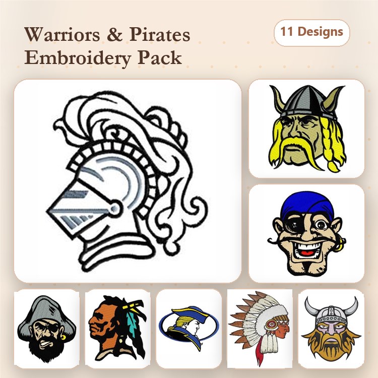 Warriors & Pirates Embroidery Bundle – Knight Helmet, Viking Warrior, Pirate Captain & More (11 Designs)