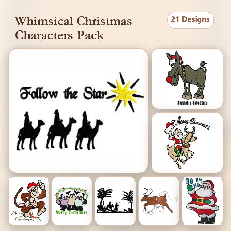Christmas Character Embroidery Bundle – Santa Claus, Reindeer, Donkey & More (21 Designs)