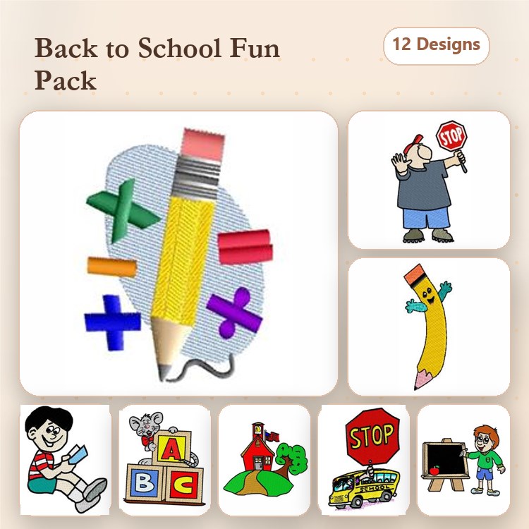 Back to School Embroidery Designs Bundle – Schoolhouse, Pencil with Ruler, School Bus & More (12 Designs)