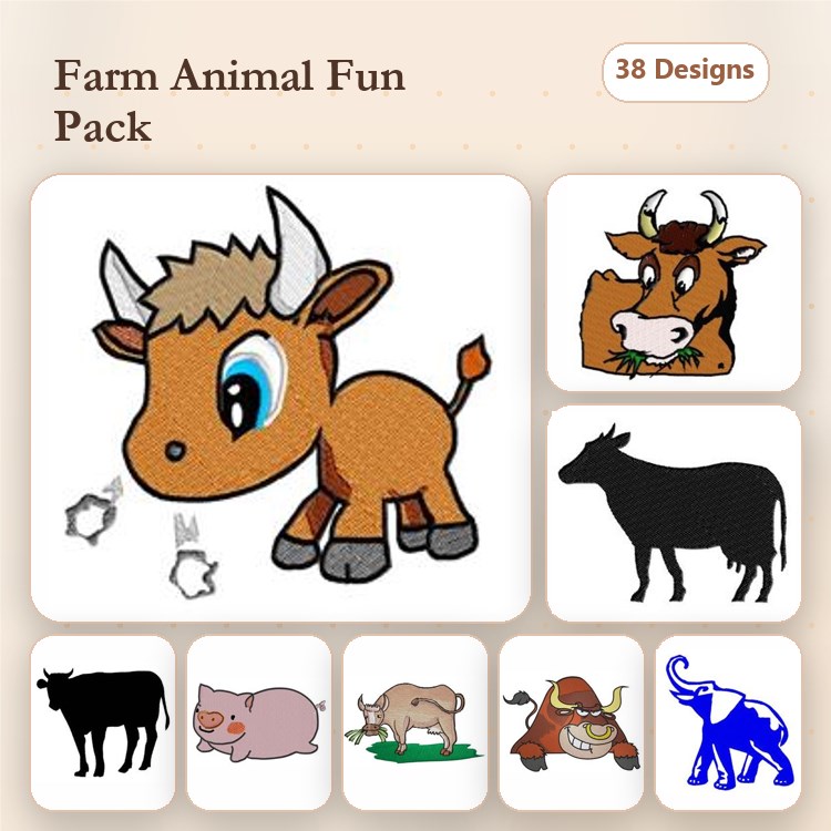 Farm Animal Embroidery Designs Bundle – Cute Calf, Cow Eating Grass, Black Cow & More (38 Designs)