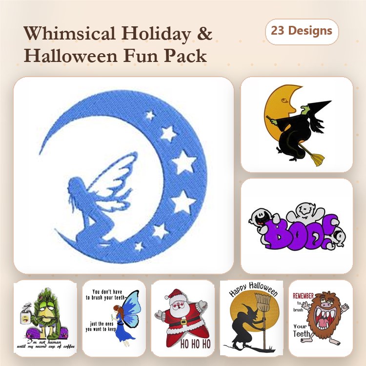 Holiday Characters Embroidery Designs Bundle – Fairy on Crescent Moon, Witch with Broomstick, Grinch & More (23 Designs)
