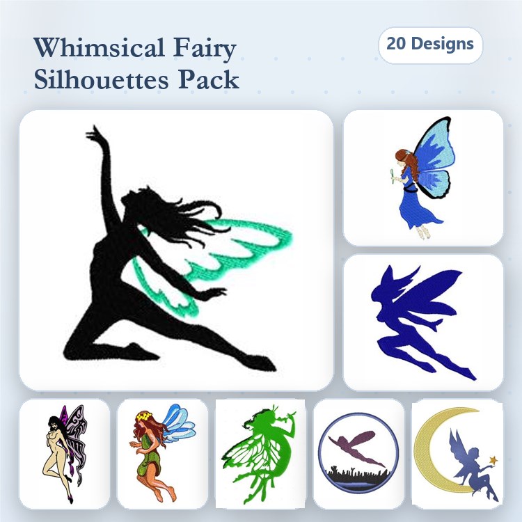 Fairy Silhouettes Embroidery Designs Bundle – Dancing Fairy, Fairy with Wings, Sitting Fairy & More (20 Designs)
