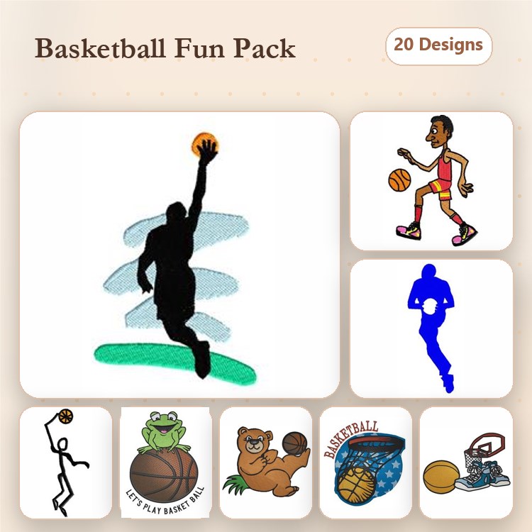 Basketball Embroidery Designs Bundle – Dunking Player, Dribbling Player, Hoop & More (20 Designs)