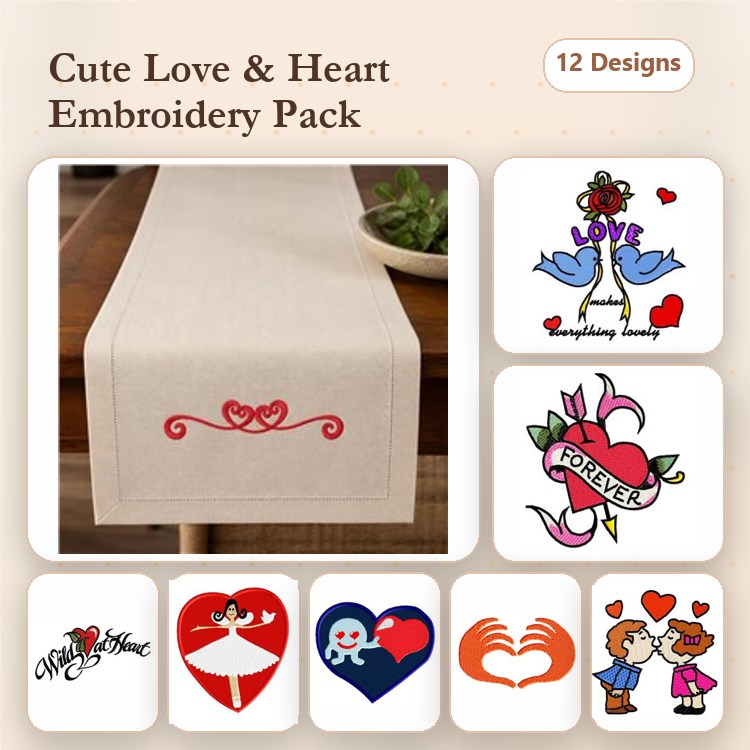 Love and Heart Embroidery Designs Bundle – Cupid with Heart, Joined Hearts, Love Birds & More (12 Designs)