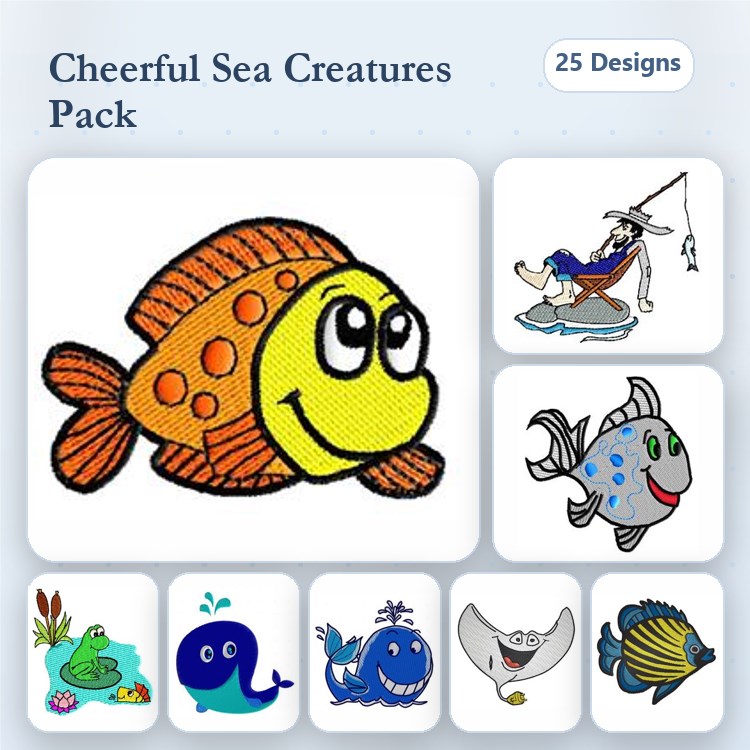Cheerful Sea Creatures Embroidery Designs Bundle – Smiling Fish, Happy Blue Fish, Whale with Smile & More (25 Designs)