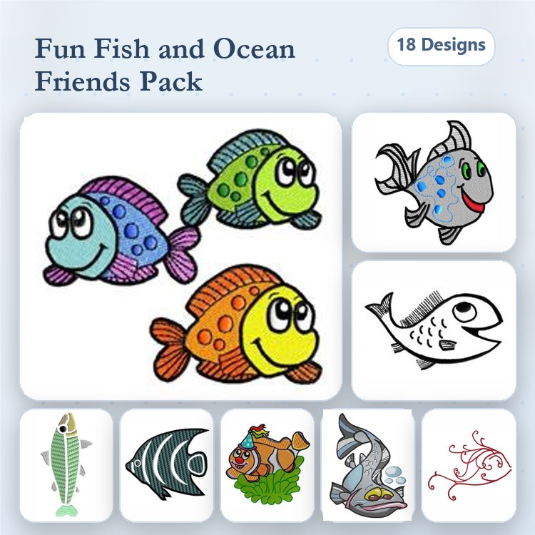 Underwater Fish Embroidery Bundle – Shark, Goldfish, Clownfish & More (18 Designs)